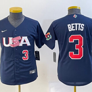 Youth USA Baseball #3 Mookie Betts 2023 Navy World Baseball Classic With Patch Stitched Jersey