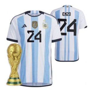 Youth Enzo Fernandez Argentina National Team White Home 3 Stars 2022 World Cup Champions Jersey