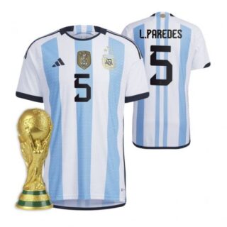Youth Leandro Paredes Argentina National Team White Home 3 Stars 2022 World Cup Champions Jersey