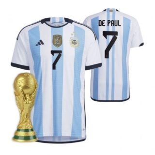 Youth Rodrigo De Paul Argentina National Team White Home 3 Stars 2022 World Cup Champions Jersey
