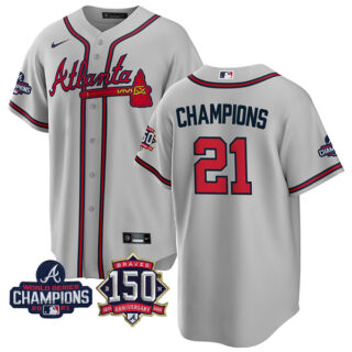 Men's Atlanta Braves Champions 2021 World Series Champions Stitched Jersey Cool Base Gray