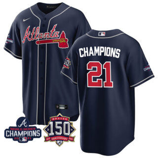 Men's Atlanta Braves Champions 2021 World Series Champions Stitched Jersey Cool Base Navy