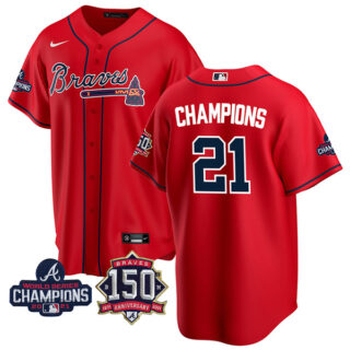 Men's Atlanta Braves Champions 2021 World Series Champions Stitched Jersey Cool Base Red