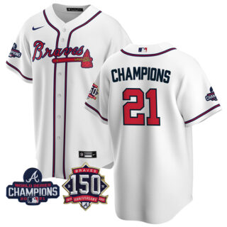 Men's Atlanta Braves Champions 2021 World Series Champions Stitched Jersey Cool Base White Home