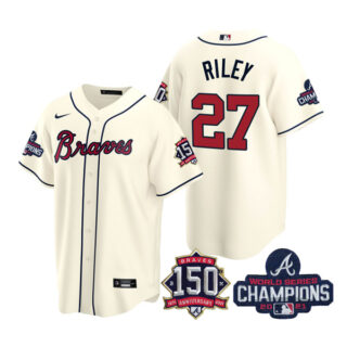 Men's Atlanta Braves Austin Riley 2021 World Series Champions Stitched Jersey Cool Base Cream