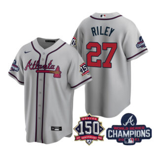 Men's Atlanta Braves Austin Riley 2021 World Series Champions Stitched Jersey Cool Base Gray