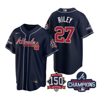 Men's Atlanta Braves Austin Riley 2021 World Series Champions Stitched Jersey Cool Base Navy