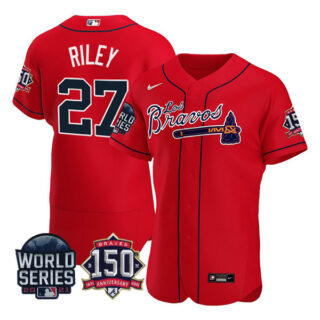 Men's Atlanta Braves Austin Riley Los Bravos 2021 World Series Stitched Jersey - Red