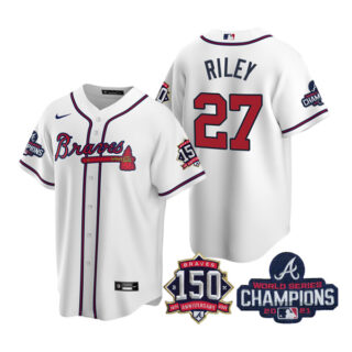 Men's Atlanta Braves Austin Riley 2021 World Series Champions Stitched Jersey Cool Base White Home