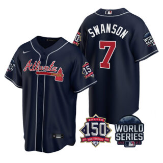 Men's Atlanta Braves Dansby Swanson 2021 World Series Stitched Jersey Cool Base Navy