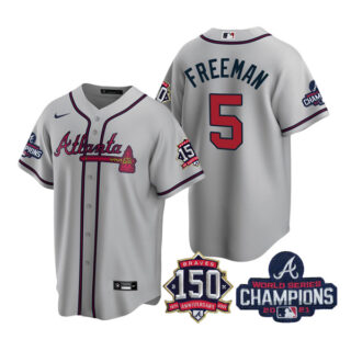 Men's Atlanta Braves Freddie Freeman 2021 World Series Champions Stitched Jersey Cool Base Gray