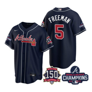 Men's Atlanta Braves Freddie Freeman 2021 World Series Champions Stitched Jersey Cool Base Navy