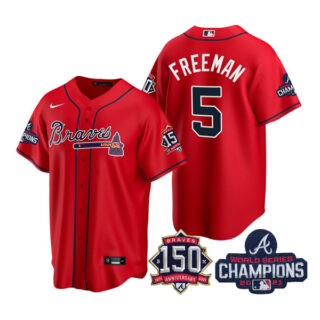Men's Atlanta Braves Freddie Freeman 2021 World Series Champions Stitched Jersey Cool Base Red