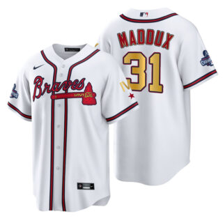 Men's Atlanta Braves Greg Maddux 2022 White Gold Program 4-Time World Series Champions Jersey