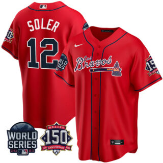 Men's Atlanta Braves Jorge Soler Los Bravos 2021 World Series Stitched Jersey - Red