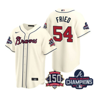 Men's Atlanta Braves Max Fried 2021 World Series Champions Stitched Jersey Cool Base Cream