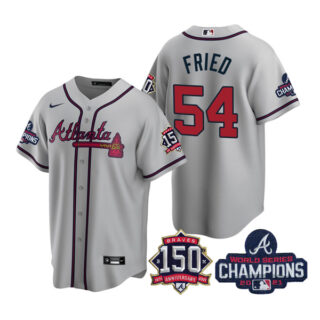 Men's Atlanta Braves Max Fried 2021 World Series Champions Stitched Jersey Cool Base Gray