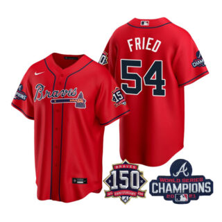 Men's Atlanta Braves Max Fried 2021 World Series Champions Stitched Jersey Cool Base Red