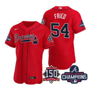 Men's Atlanta Braves Max Fried 2021 World Series Champions Stitched Jersey Flex Base Red