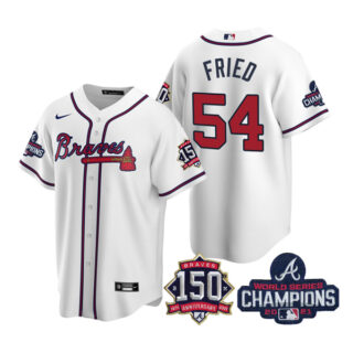 Men's Atlanta Braves Max Fried 2021 World Series Champions Stitched Jersey Cool Base White Home