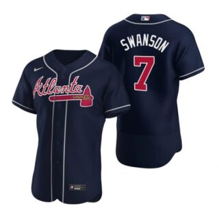 Men's #7 Dansby Swanson Atlanta Braves Flex Base Jersey Navy Red