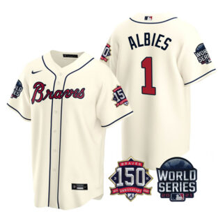 Men's Atlanta Braves Ozzie Albies 2021 World Series Stitched Jersey Cool Base Cream