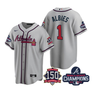 Men's Atlanta Braves Ozzie Albies 2021 World Series Champions Stitched Jersey Cool Base Gray