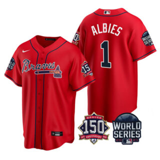 Men's Atlanta Braves Ozzie Albies 2021 World Series Stitched Jersey Cool Base Red