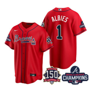Men's Atlanta Braves Ozzie Albies 2021 World Series Champions Stitched Jersey Cool Base Red