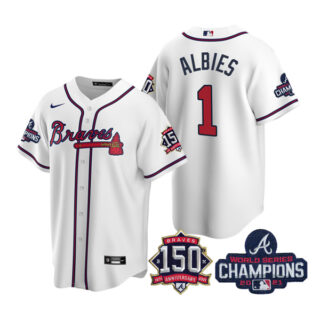 Men's Atlanta Braves Ozzie Albies 2021 World Series Champions Stitched Jersey Cool Base White Home