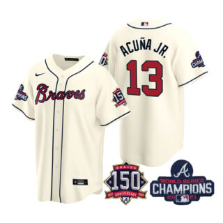 Men's Atlanta Braves Ronald Acuna Jr. 2021 World Series Champions Stitched Jersey Cool Base Cream