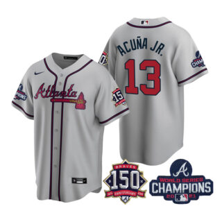 Men's Atlanta Braves Ronald Acuna Jr. 2021 World Series Champions Stitched Jersey Cool Base Gray