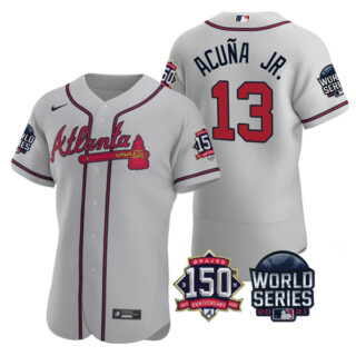 Men's Atlanta Braves Ronald Acuna Jr. 2021 World Series Stitched Jersey Flex Base Gray