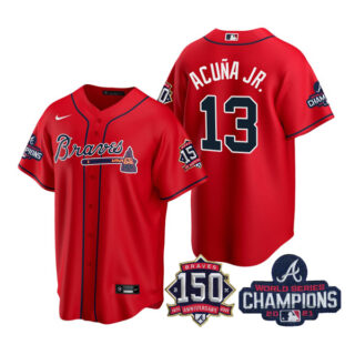 Men's Atlanta Braves Ronald Acuna Jr. 2021 World Series Champions Stitched Jersey Cool Base Red