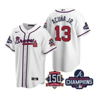 Men's Atlanta Braves Ronald Acuna Jr. 2021 World Series Champions Stitched Jersey Cool Base White Home