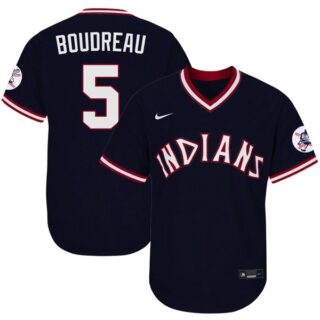Men's Cleveland Indians #5 Lou Boudreau 1975 Throwback Jersey - Stitched Navy