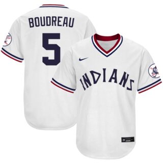 Men's Cleveland Indians #5 Lou Boudreau 1975 Throwback Jersey - Stitched White