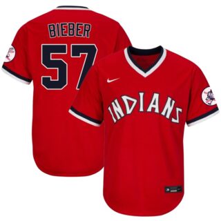 Men's Cleveland Indians #57 Shane Bieber 1975 Throwback Jersey - Stitched Red