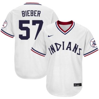 Men's Cleveland Indians #57 Shane Bieber 1975 Throwback Jersey - Stitched White