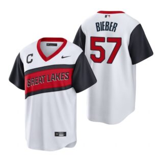 Men's #57 Shane Bieber Cleveland Indians White Home 2021 Little League Classic Jersey
