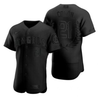 Men's #21 Bartolo Col??n Los Angeles Angels Flex Base Jersey Black Award