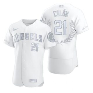 Men's #21 Bartolo Col??n Los Angeles Angels Flex Base Jersey White Award