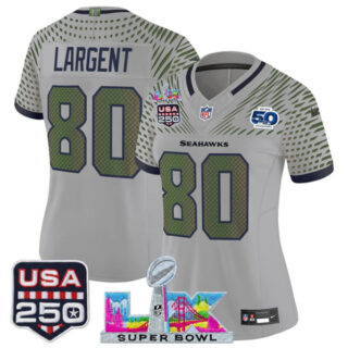 Women's Seattle Seahawks #80 Steve Largent Gray 2025 F.U.S.E. Super Bowl LX & US 250th anniversary Patch And 50th Season Patch Rivalries Vapor Limited Football Stitched Jersey(Run Small)