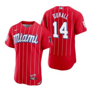 Men's Adam Duvall Miami Marlins Flex Base Jersey Red City Connect