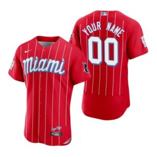 Men's Custom Miami Marlins Flex Base Jersey Red City Connect