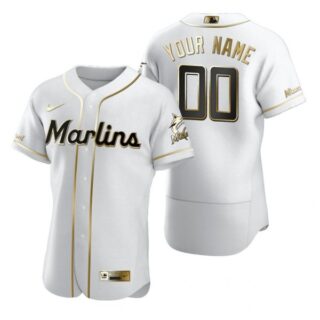 Men's Custom Miami Marlins Flex Base Jersey White Golden