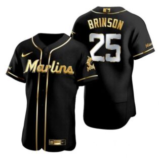 Men's Lewis Brinson Miami Marlins Flex Base Jersey Black Golden