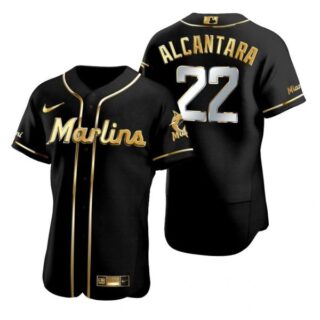 Men's Sandy Alcantara Miami Marlins Flex Base Jersey Black Golden