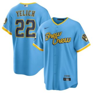 Men's Cool Base Milwaukee Brewers Christian Yelich Brew Crew City Connect Powder Blue Stitched Jersey