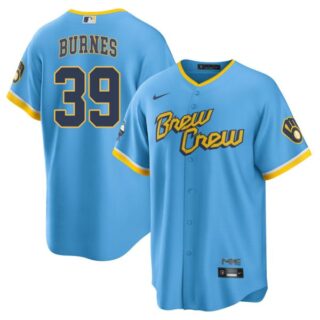 Men's Cool Base Milwaukee Brewers Corbin Burnes Brew Crew City Connect Powder Blue Stitched Jersey
